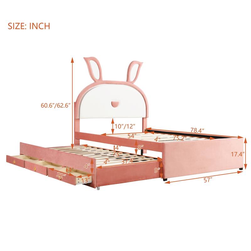 Upholstered Platform Bed with Trundle and Drawers - Pink