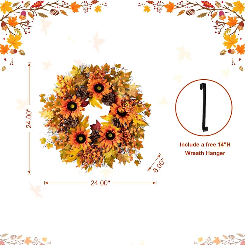 Glitzhome Fall Harvest Sunflower Maple Leaf Berry Garland Swag Wreath