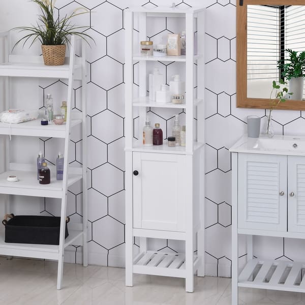 Homcom Freestanding Wood Bathroom Storage Tall Cabinet Organizer Tower With Shelves Compact Design White Overstock 32332559