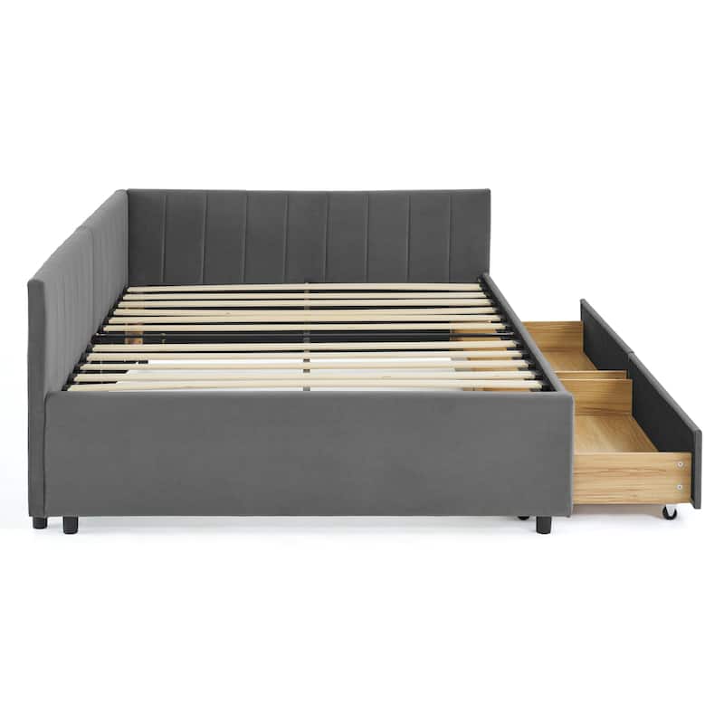 Full Size Velvet Upholstered Daybed with Storage Drawers, Tufted Sofa Bed Frame with Armrests and Backrest
