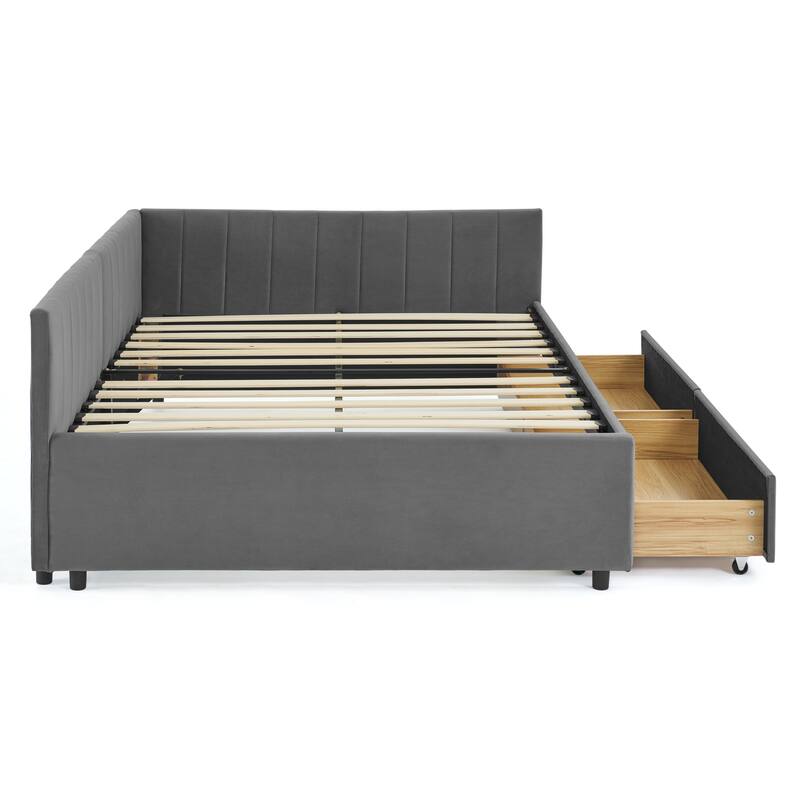 Roomfitters Full Velvet Daybed with Two Storage Drawers, Upholstered Sofa Bed Frame with Backrest and Armrests