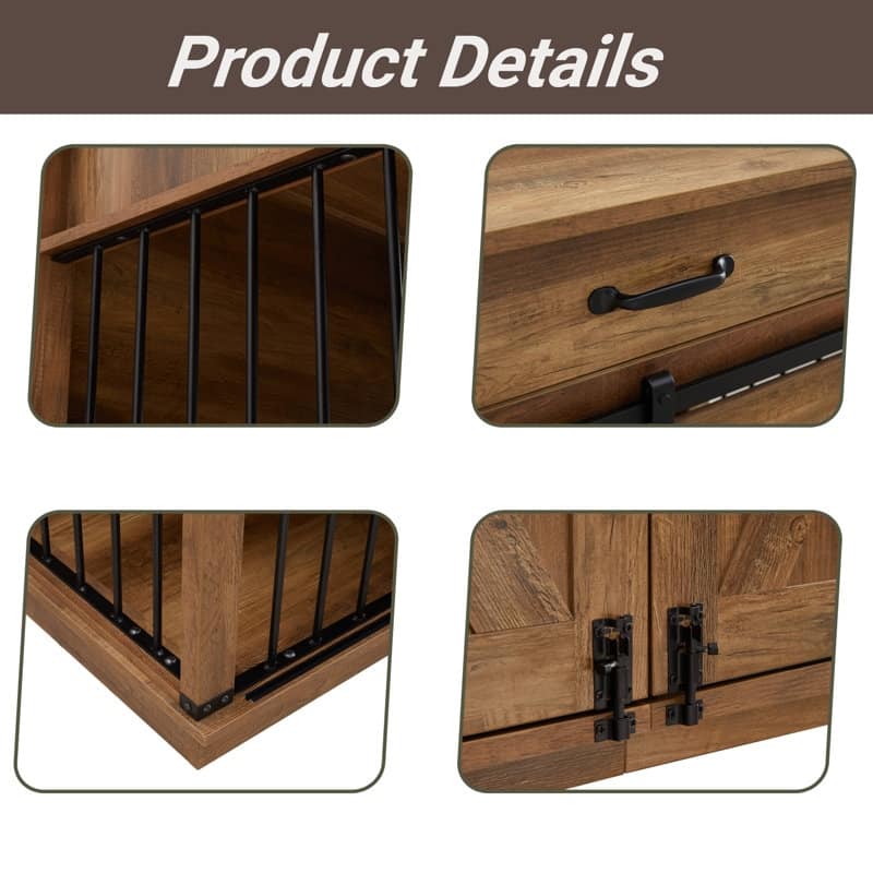 Wood Barn Door Large Dog Crate Furniture With 2 Drawers and Divider