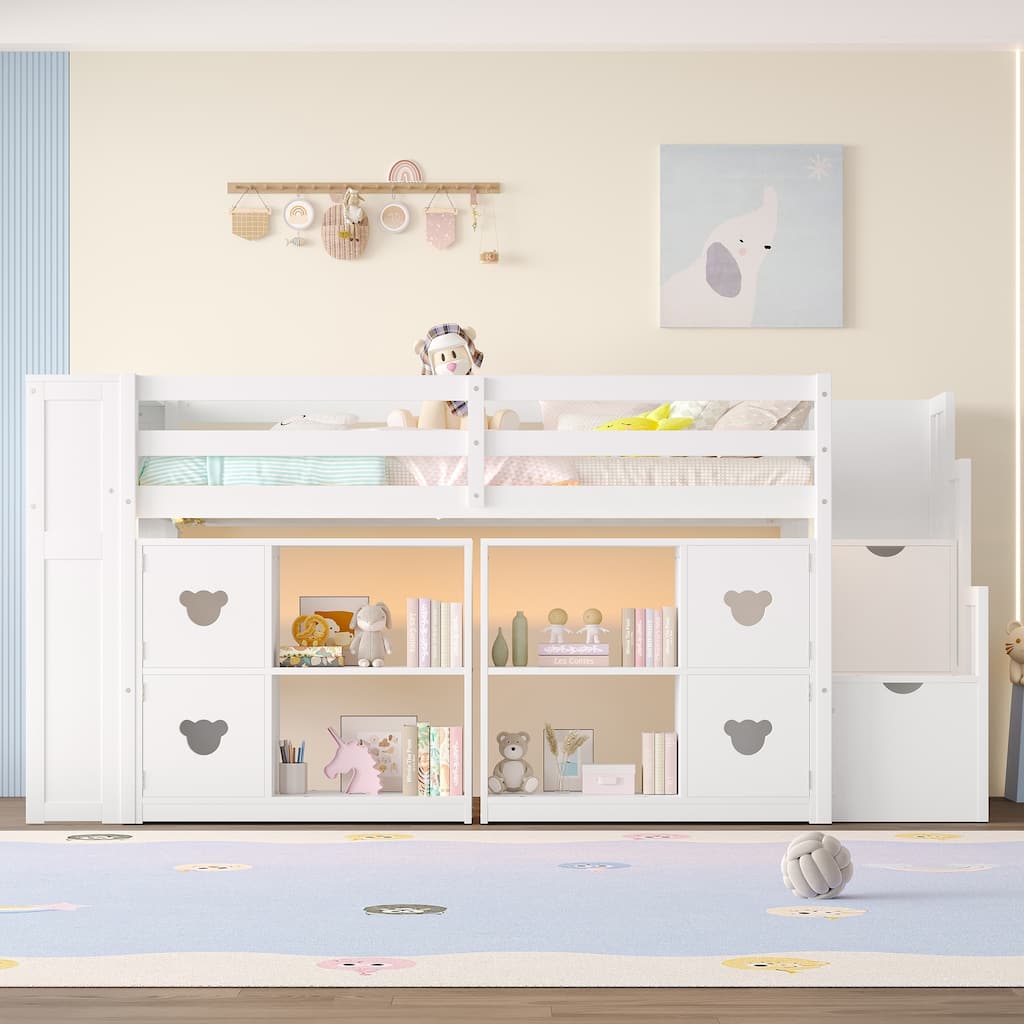 Twin Size LED Loft Bed, Wooden Low Loftbed Frame with Under Bed Storage, Shelves and Storage Stairs