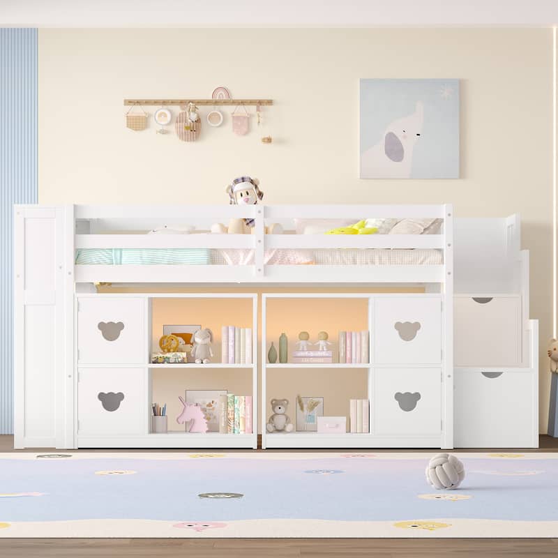 Twin Size LED Loft Bed, Wooden Low Loftbed Frame with Under Bed Storage, Shelves and Storage Stairs - White - Twin