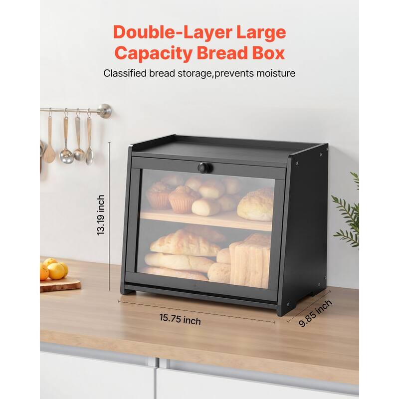 Black Two-Tier Wooden Trapezoid-Shaped Bread Box with Knife and Cutting Board for Kitchen Counter - 15.75” x 9.85” x 13.19”