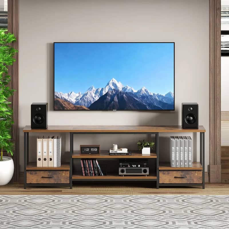 TV Stand with Fabric Drawers, TV - Entertainment Center and Industrial TV Console Table with Open Storage Shelves