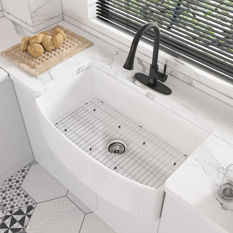 All-in-One Curved Design Single Bowl Farmhouse/Apron-Front Fireclay Kitchen Sink with Pull Down Kitchen Faucet and Accessories