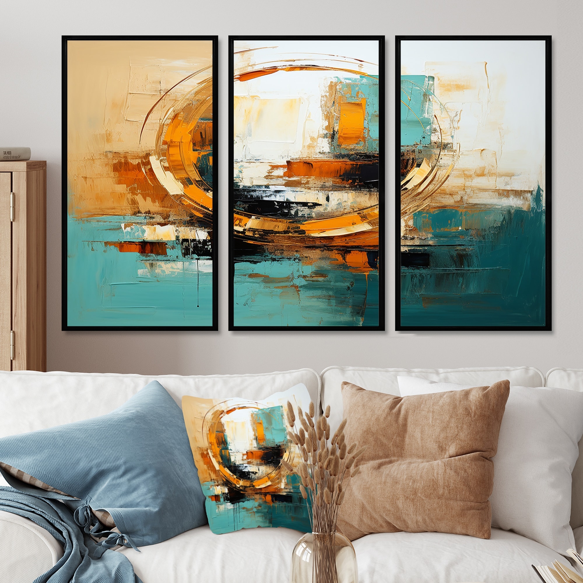 Designart - Gilded Simplicity - Abstract Painting Wall Art Set Of 3 - Modern Framed Wall Decor 3 Pieces