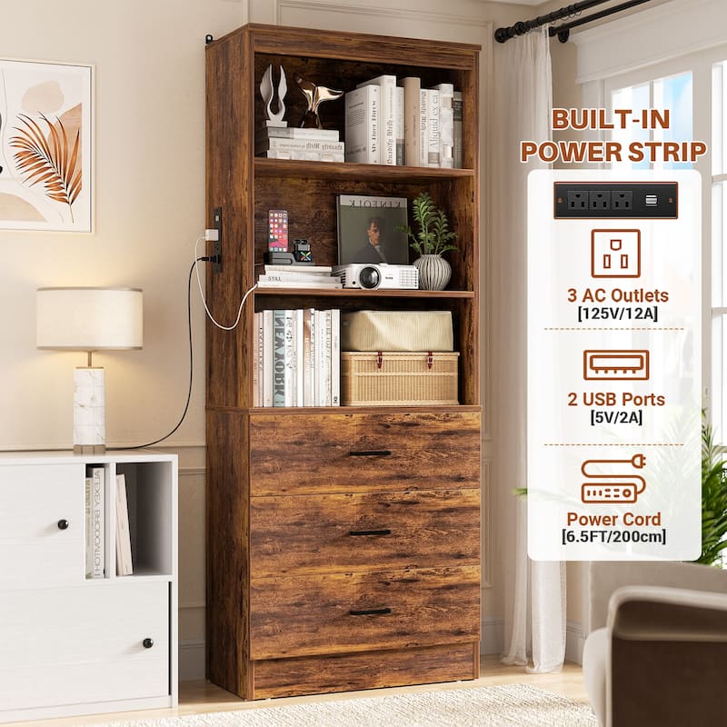 6-Tier 23.6'' Display Cabinet with Charging Station and Drawers, Bookcase Storage Shelf Kitchen Pantry