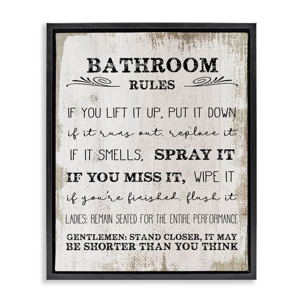 Stupell Bathroom Rules Funny Word Wood Textured Design Floater Frame - Beige