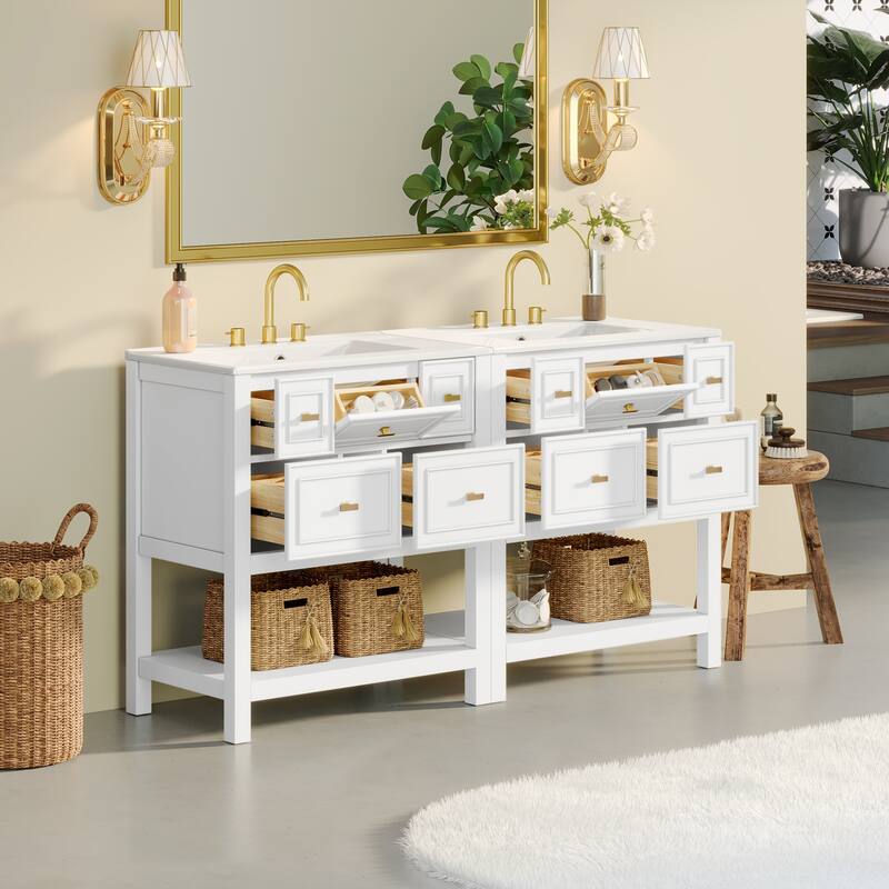 60'' Freestanding Bathroom Vanity Set with White Integrated Ceramic Sink - 60'' x 18'' x 34''