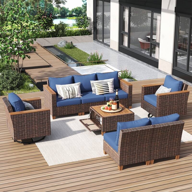 8-Piece Wicker Outdoor Conversation Set with Swivel Rocking Chairs and Acacia Wood Storage Table