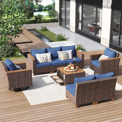 8-Piece Wicker Outdoor Conversation Set with Swivel Rocking Chairs and Acacia Wood Storage Table