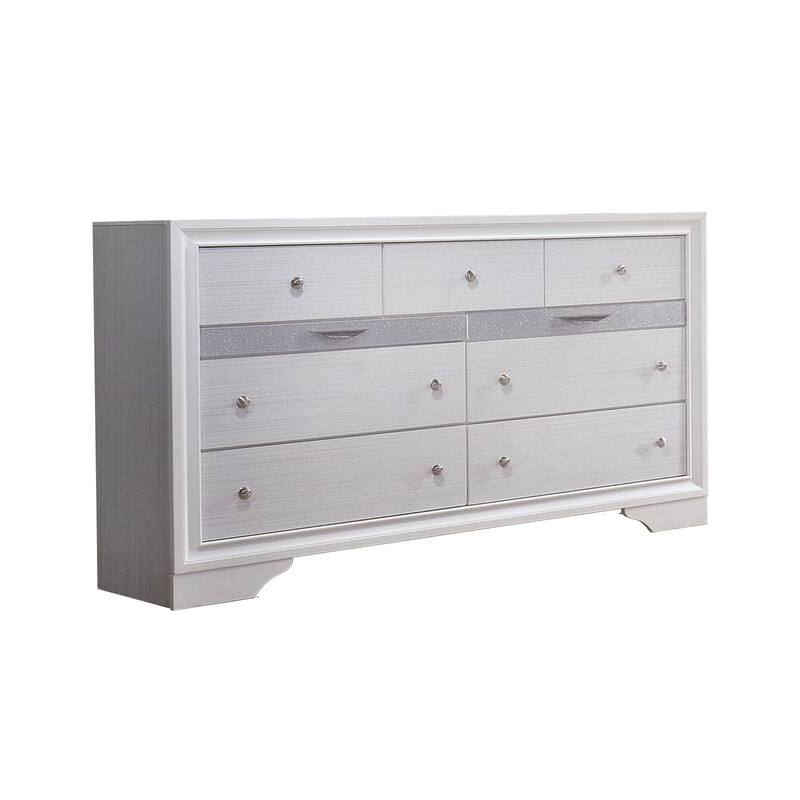 Wooden Dresser with 7 Drawers and 2 Jewelry Drawer, White and Silver