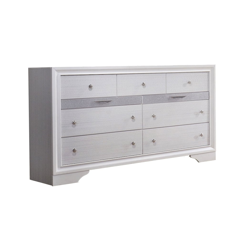 Wooden Dresser with 7 Drawers and 2 Jewelry Drawer, White and Silver