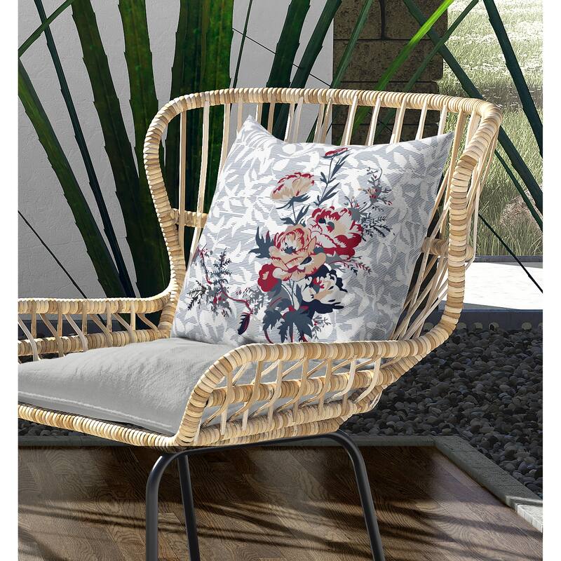 Opulent Orchid Roses Indoor/Outdoor Reversible Throw Pillow Gray and Red