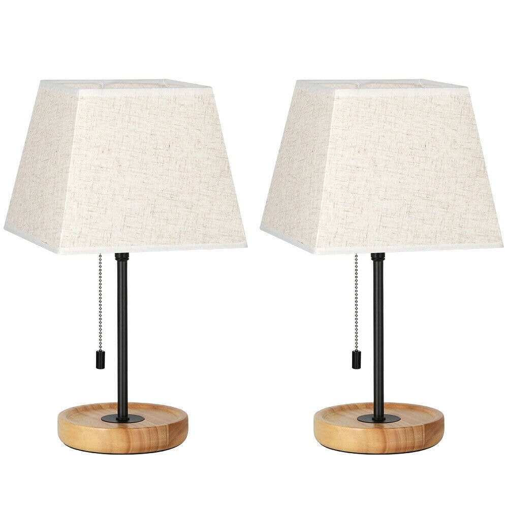 Minimalist Bedside Lamps Set of 2 Pull Chain and Wood Base On