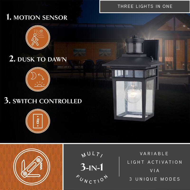 Ridge 6.5-in. W 1 Light Aluminum Black Motion Sensor Dusk to Dawn Outdoor Wall Lantern Clear Glass