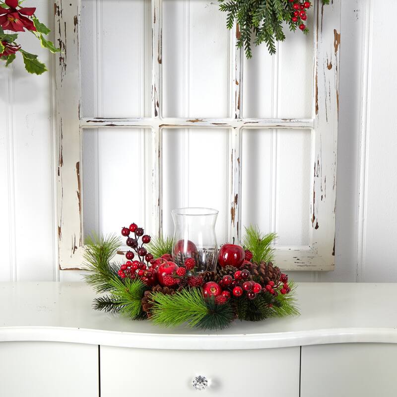 17.5" Red Berries Apples Pinecones Celabrum Glass Candleholder