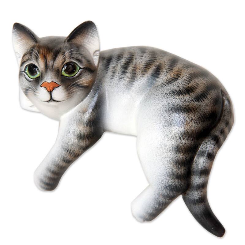 Handmade Tabby Cat Relaxes Wood sculpture (Indonesia) - 24 x 17 x 13