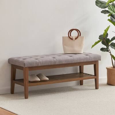 HUIMO Entryway Shoe Bench Grey/ Beige/ Black Fabric Solid Wood, 43-inch Upholstered Bench for Kitchen, Living Room, Bedrooms