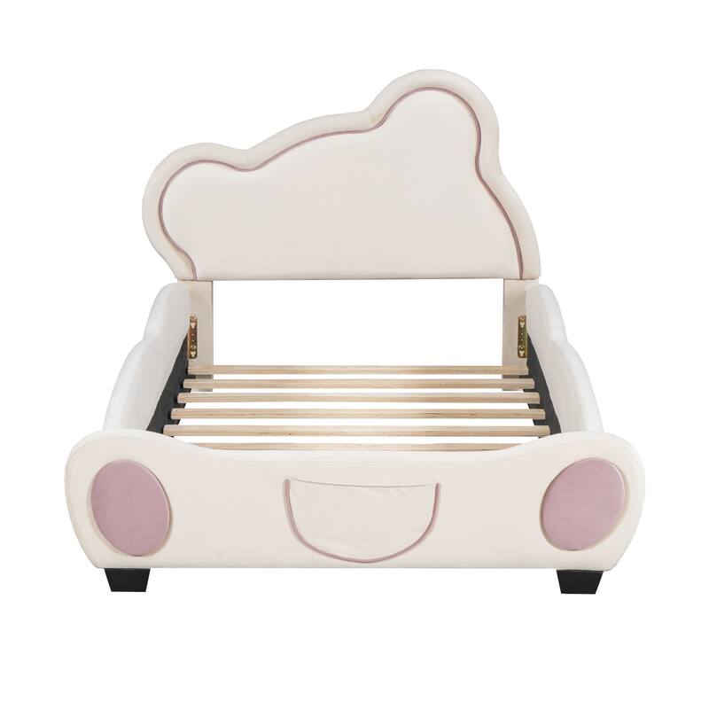 Velvet Upholstered Twin Platform Bed with Bear Headboard and Storage Pockets - Fun and Functional Bed for Kids, Easy Assembly