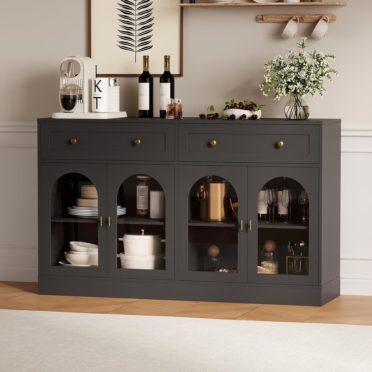 55 Inch Farmhouse Sideboard Buffet Cabinet with 4 Acrylic Doors and 2 Drawers, Coffee Bar Storage Cabinet