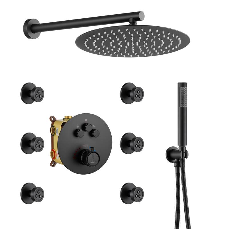 CASAINC 3-function Luxury Thermostatic Dual Shower Faucet Shower System with 6 Body Spray Jets - Matte Black
