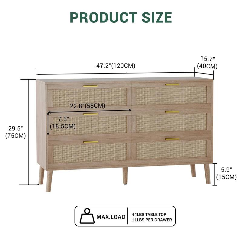 6 Drawer Rattan Dresser, 47.2" x 15.7" x 29.5" Rattan Chest of Dressers, Mid Century Modern Dresser for Closet with Handles - Natural