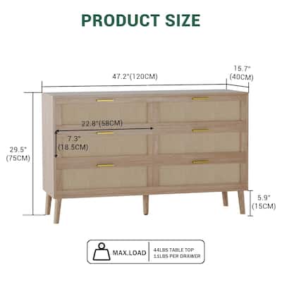 6 Drawer Rattan Dresser, 47.2" x 15.7" x 29.5" Rattan Chest of Dressers, Mid Century Modern Dresser for Closet with Handles