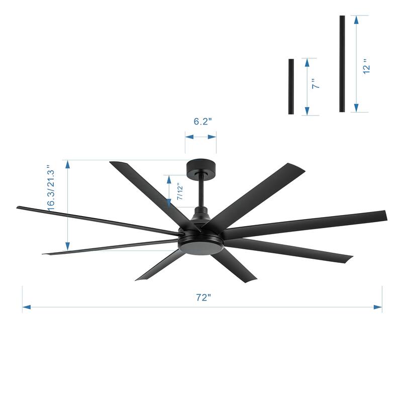 72 Inch Black/White 8-Blade Ceiling Fan with Remote without Light