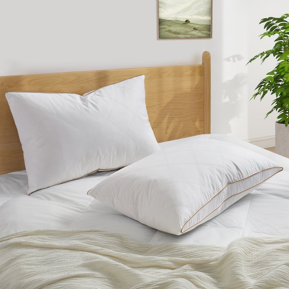 Medium-Firm Goose Feather Down Pillow with Gusset, Medium Neck Support for Stomach, Side and Back Sleepers - White