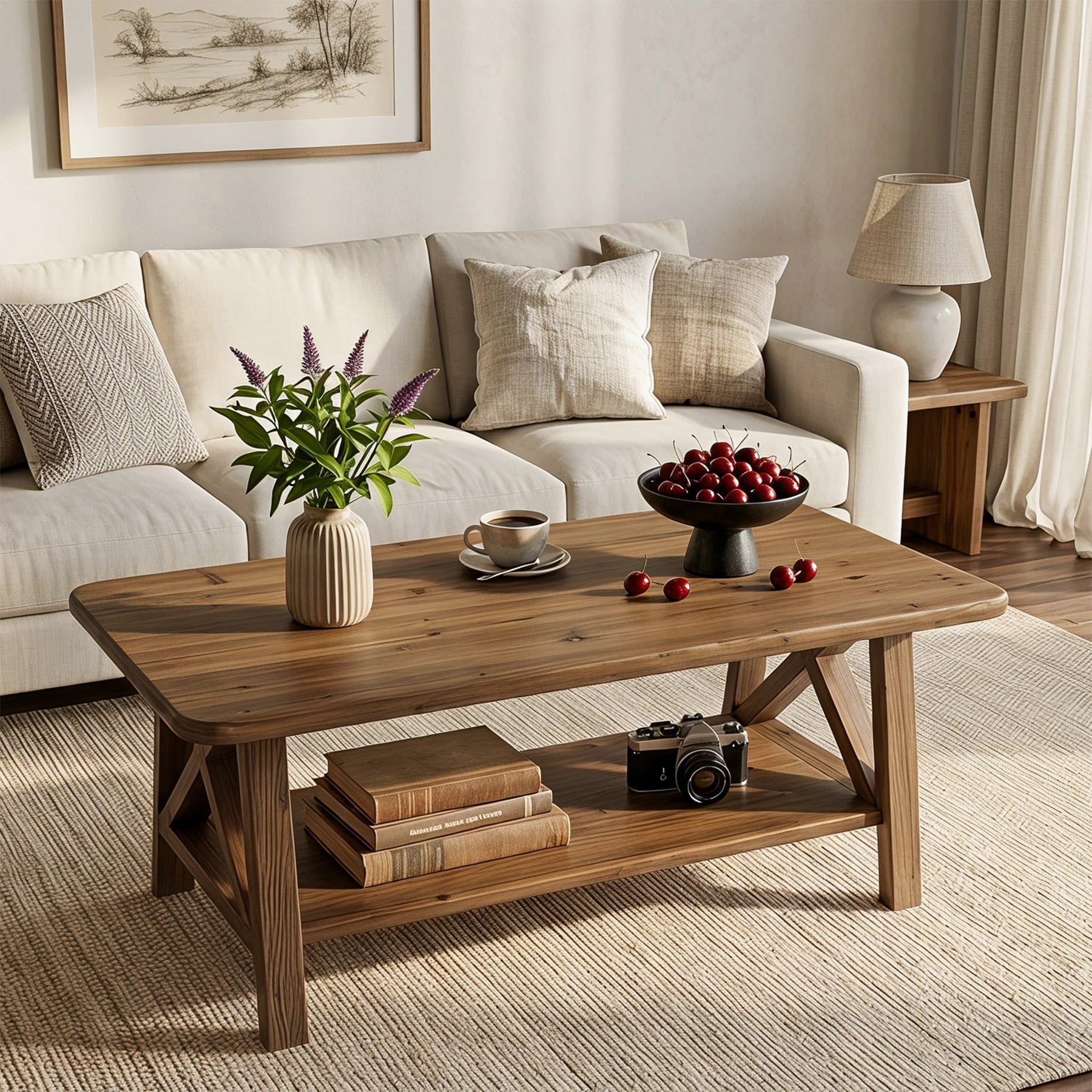 Solid Wood Coffee Table, 47-Inch Large Rectangle Center Table with Storage Shelf for Living Room, Apartment, Home
