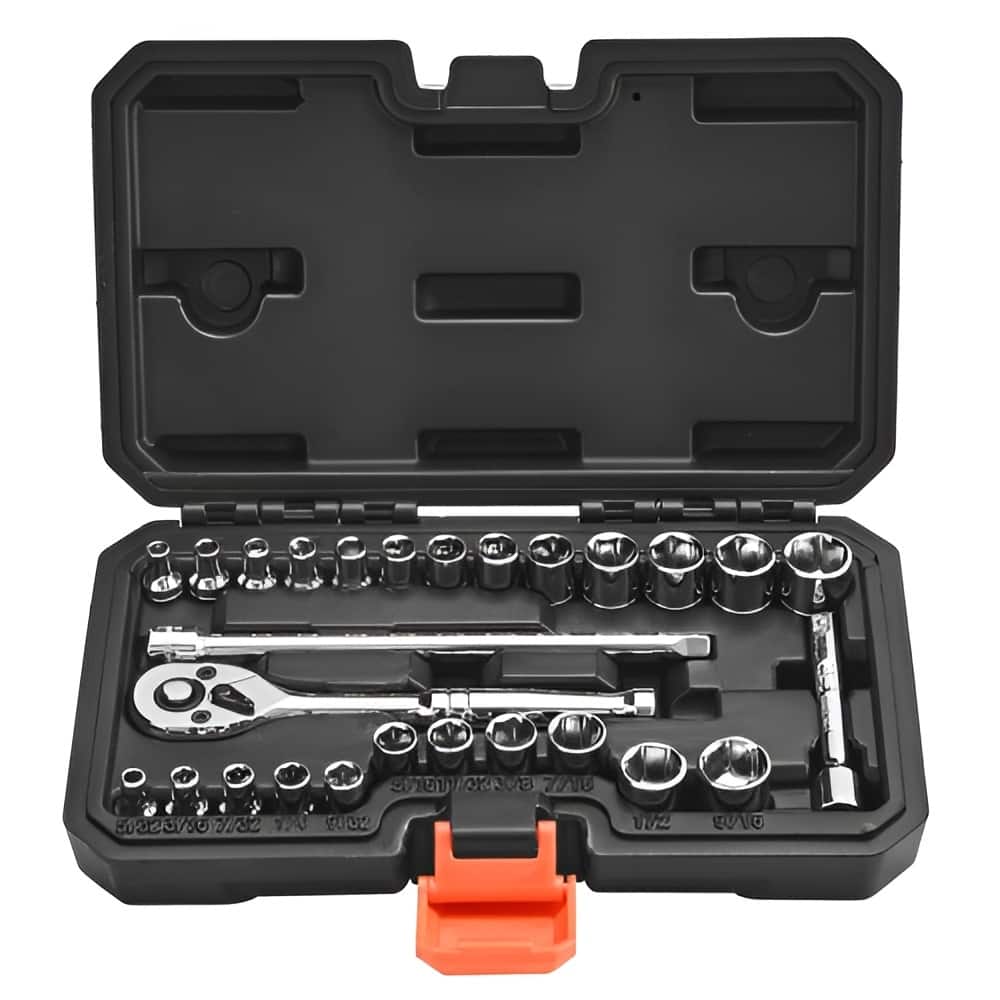 Black CR-V Alloy Steel 27-Piece Socket and Ratchet Set with Chrome Finish - 8.46 x 1.97 x 5.35
