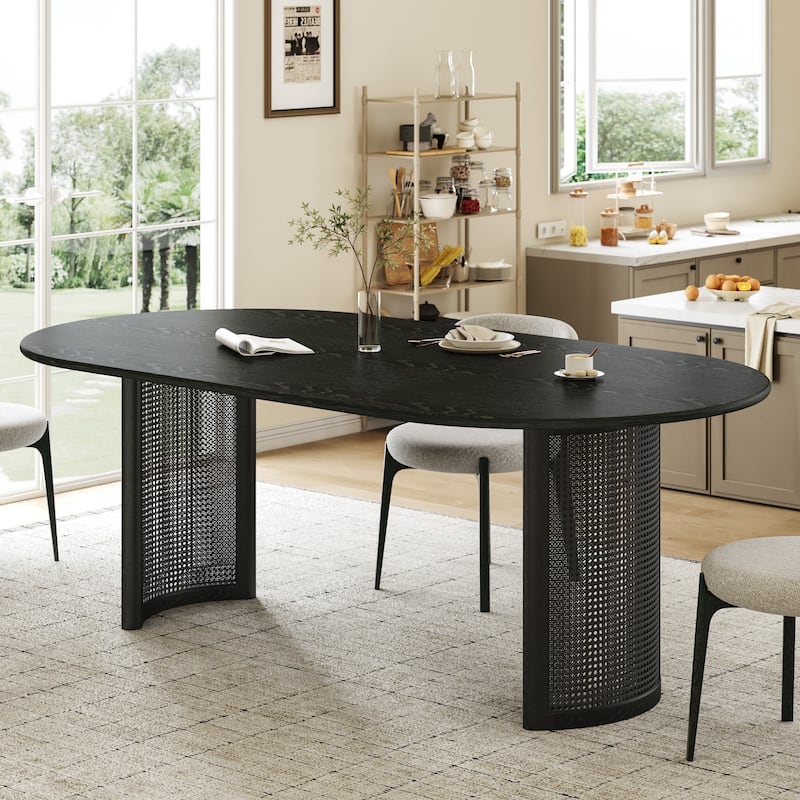 Oval Dining Table with Arc-Shaped Edge Top and Rattan Woven Base Modern Farmhouse Kitchen Table for Living Room Dining Room - Walnut - 79 in.L x 33.5 in.W