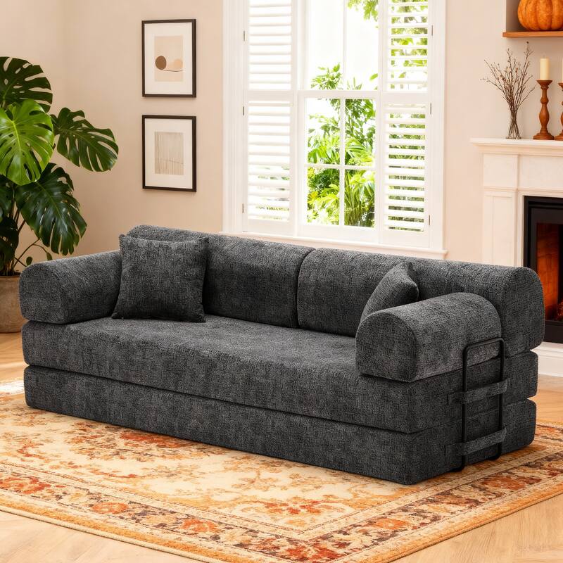 Convertible Sleeper Sofa Bed with Cylindrical Pillow, Corduroy Folding Mattress Couch, Floor Sofa Lounge Couch for Bedroom - Black