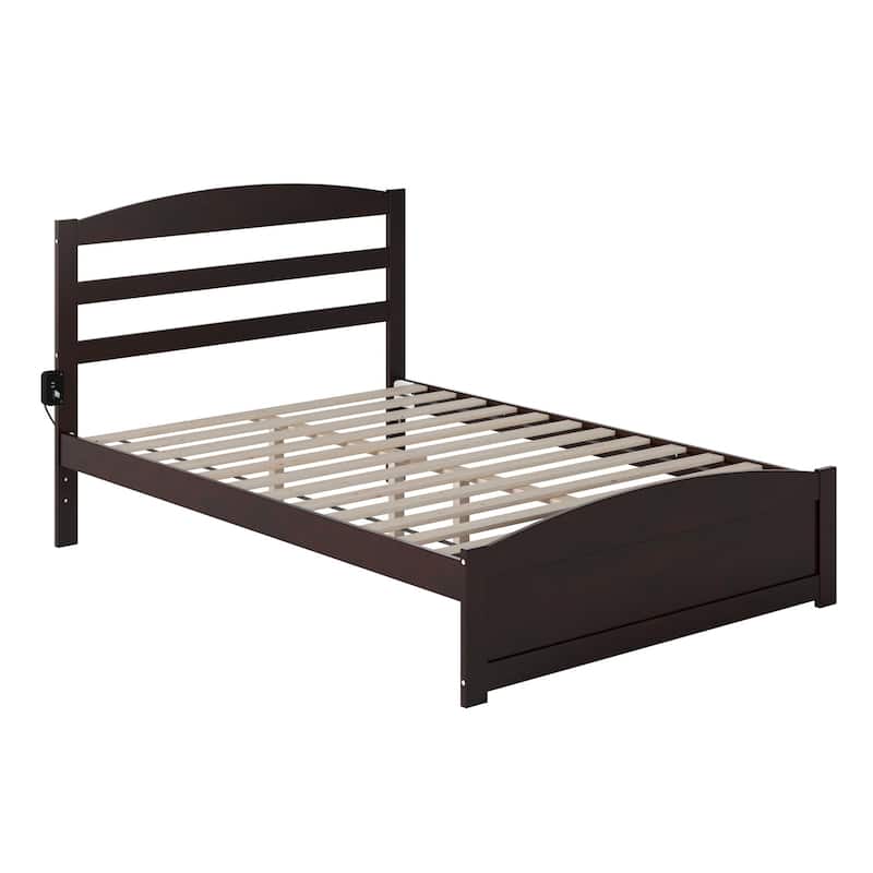 Solid Wood Platform Bed - Full Size Espresso - Charging Station & Arched Headboard