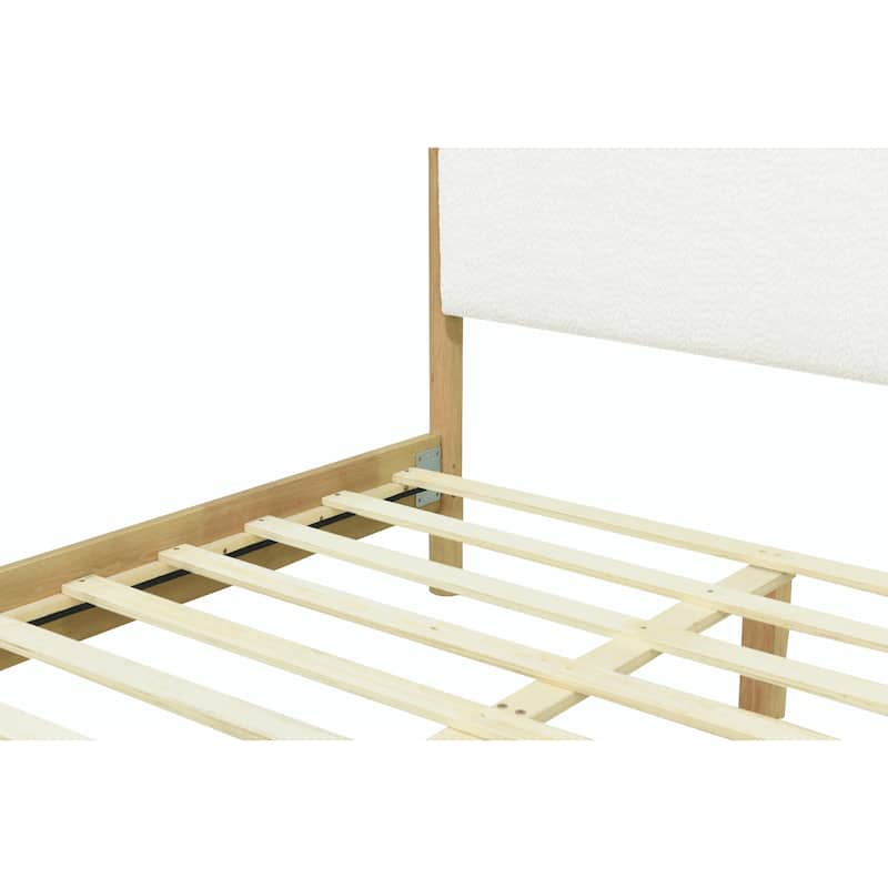 Modern White Bouclé Upholstered Bed with Rubberwood Legs