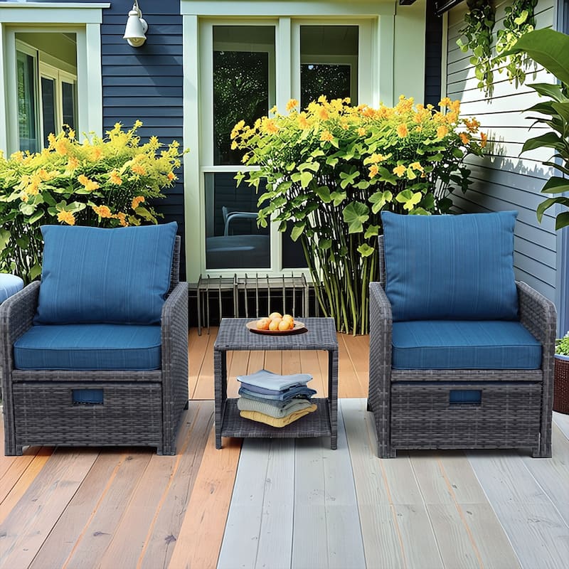5 Piece Wicker Patio Furniture Set w/Ottomans，2 Person Seating Patio Conversation，All-Weather PE Wicker - Blue