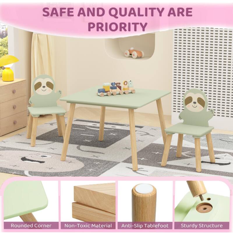 Kids Table and Chair Set with 2 Cute Sloth Chairs, Wooden Toddler Activity Table, Cute Animal Design Play & Study Set