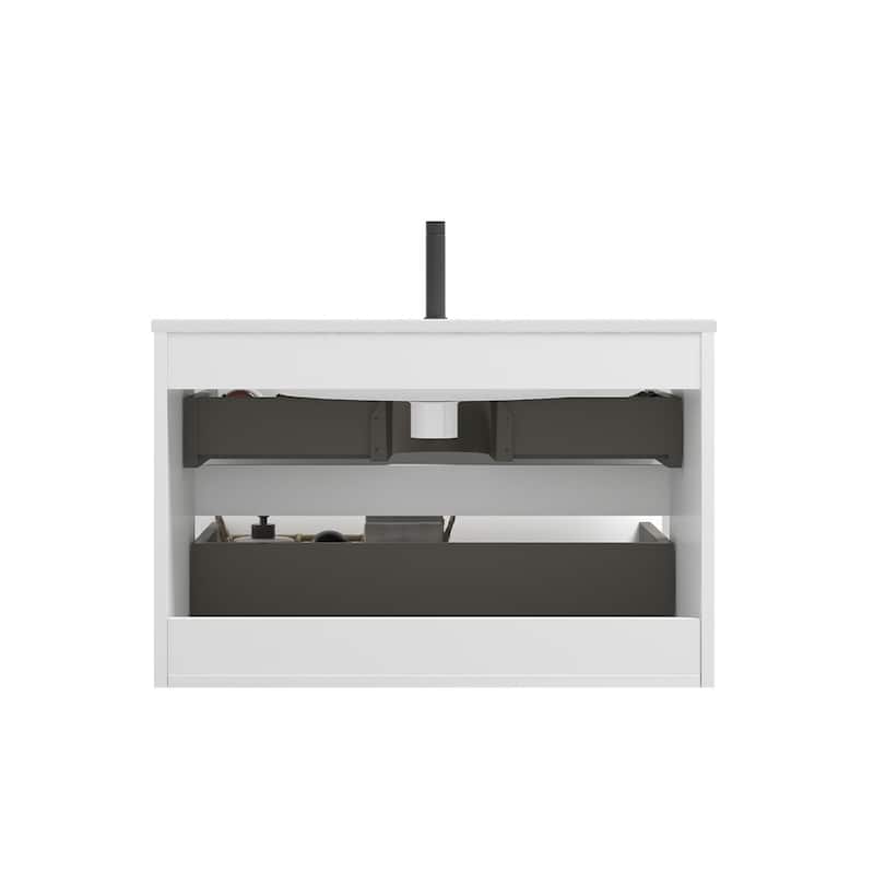Wall Mount Glossy Bathroom Vanity with Ceramic Sink with Single Hole