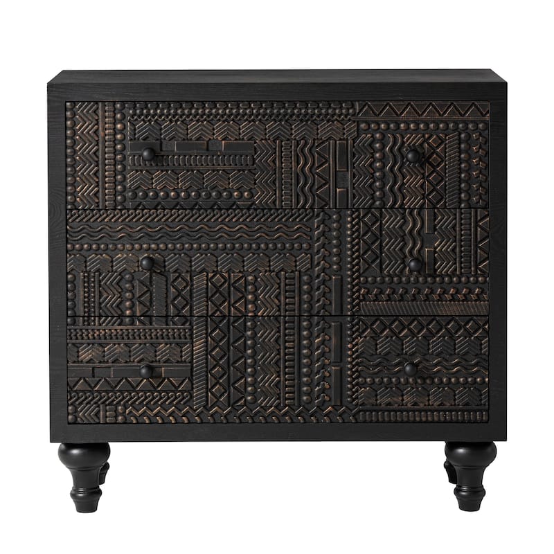 COZAYH 3 Drawer Farmhouse Dresser with Geometric Carved Pattern, Vintage Accent Wood Storage Chest for Living Room, Bedroom