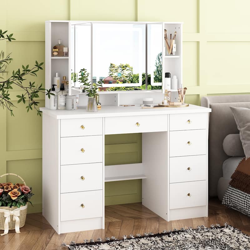 Spacious Vanity Desk with Mirrored Storage Cabinets - A Beauty Oasis