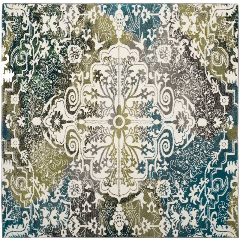 SAFAVIEH Watercolor Alani Modern Abstract Medallion Rug - 6'7" Square - Ivory/Peacock Blue