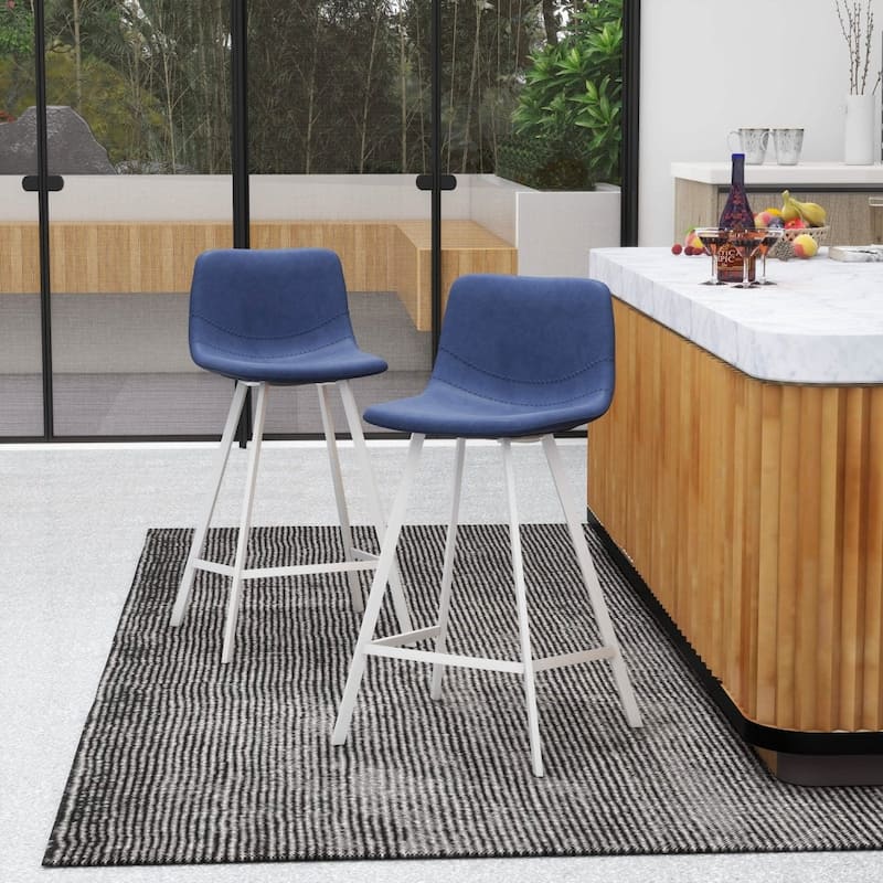 Elland Leather Bar Stool - Modern Counter Height Stool with White Stainless Steel Legs for Kitchen Island or Home Bar Set of 2