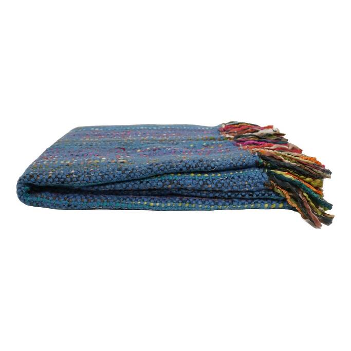 Home&Manor Handcrafted Wool & Cotton Throw Blanket Bright Blue