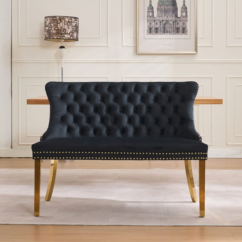 Velvet Double Dining Loveseat Bench, 2-Seat Tufted Bench w/Handmade Buttons, Wing Back, Gold-Plated Steel Legs, Single Pack