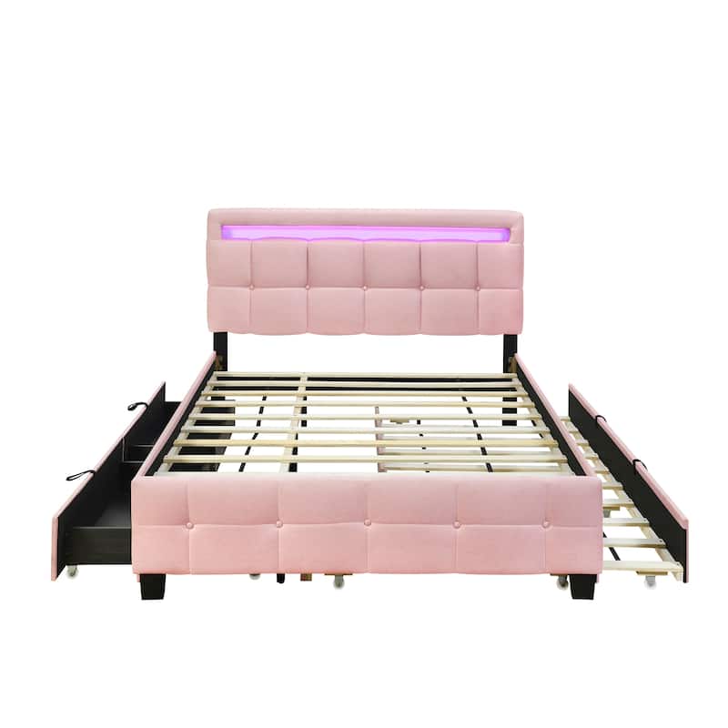 Queen Size Linen Fabric Upholstered Platform Bed with LED Frame, with Twin XL Size Trundle and 2 drawers