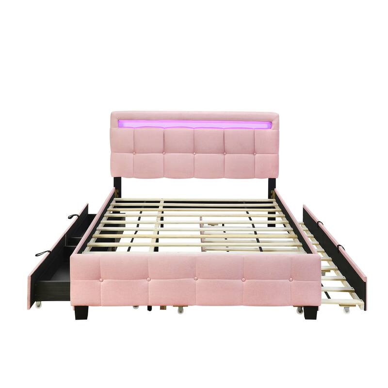 Queen Size Platform Bed w/ LED Headboard, Twin XL Trundle, 2 Drawers