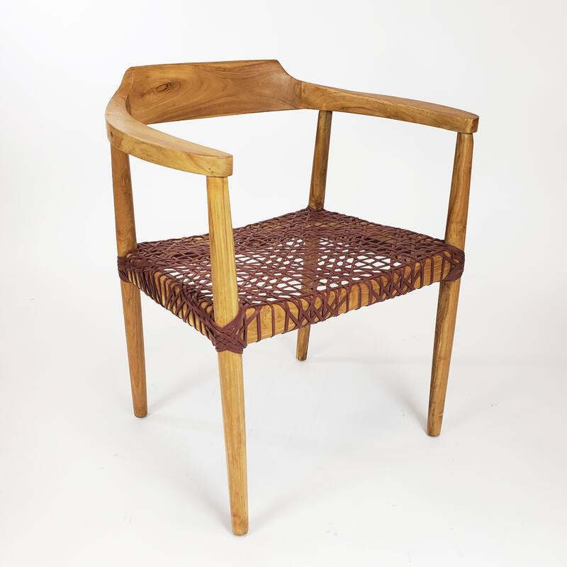 Erline Teak Wood Weaved Leather Seat Accent Chair Armchair - Natural-Burgandy